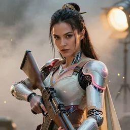 bodybuilder mila kunis closeup portrait of a beautiful biblical diabolical samurai girl holding a rifle, cyborg neon armor, foggy fireflies, cinematic studio light, golden hour, gerald brom, mikhail vrubel, peter elson, muted pastel colors, extreme detail, light rain, trending on artstation, 8 k
