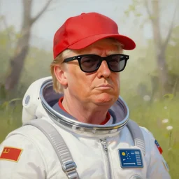 donald trump painting the portrait of a young ducktail - bearded middle eastern american male with black wayfarer glasses and red baseball hat dressed in a spaceship pilot dress, portrait, illustration, rim light, top light, perfectly shaded, spring time, slight overcast lighting, soft painting, art by krenz cushart and wenjun lin