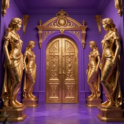 path, door, statues, gold, purple lighting, fantasy, digital art, HD, detailed, 4k