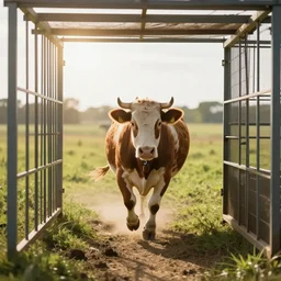 cow running from a cage to a countryside to freedom light