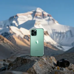 a jade iphone is sitting on the peak of mount everest, clear focus, bokeh effect, high res, hasselblad, dslr, cinematic
