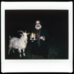 trail _ camera _ photo _ of _ a _ breaton monks looking like rasputin with lit candles and a goat _ realistic _ spooky _ grimdark _ night _ black _ and _ white, polaroid