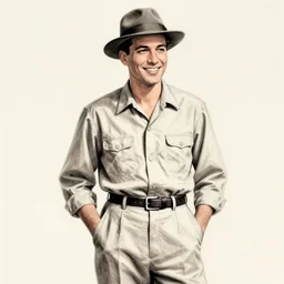 confident, smiling 1 9 3 0 s man in full figure with his hands in his pockets. dark hair, hat, shirt. fashion. drawing