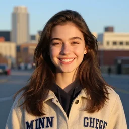 a beautiful girl from minnesota, brunette, joyfully smiling at the camera with her eyes closed. thinner face. irish genes. wearing university of minneapolis coat. perfect nose, morning hour, plane light, portrait, minneapolis as background.