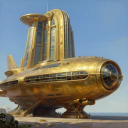 exterior spaceship shot of the atlantis paradise, a retro futuristic spaceship made of brass bronze gold, art deco influence, hotel style design. bioshock, starship titanic, beautiful clear well composed painting by artgerm and greg rutkowski.