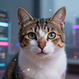 3 5 mm photo of a cute cat portrait, with doble exposure of a futuristic cyberpunk city, neon, ultra realistic, detailed, bokeh, 4 k.