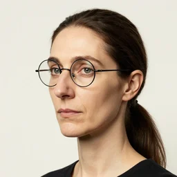 portrait of a middle - aged woman, dark hair, ponytail, angular asymmetrical face, tall nose, thin lips, wearing round glasses, art by artgerm and by greg rutkowski
