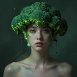 dramatic lighting portrait of a beautiful! young woman with a light skin and broccoli hair. green paint splashes. moody and melancholy. with subtle motion blur effects. digital art by artgerm and beeple