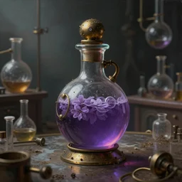 a painting of a steampunk lilac potion bottle in a dark dusty vintage science lab, by h. r. giger, hyperrealistic fantasy art, concept matte, ethereal, dreamy, digital art, trending on artstation, volumetric cinematic lighting