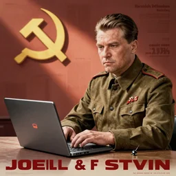 a wwii soviet propaganda poster advertising joseph stalin using a new laptop by rei kamoi and dan mumford and robin eley, communist hammer and sickle
