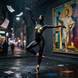 beautiful female model dancing in dark room with body painted in black colors, acid rain, wet ballerina, wearing latex balaclava, golden body paint, photography by amy leibowitz, street, bokeh, long exposure, color papers flying in the sky, kandinski, fresco by michaelangelo, oil painting fluid acrylic 3 d paint with abstract rectangles