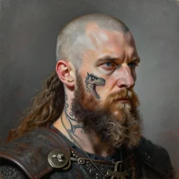 portrait painting of viking berserker with a dinosaur tattoos, by jeremy mann, only one head single portrait