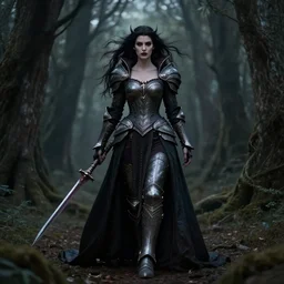 a gorgeous vampire queen woman paladin, 8 k, full body dark woods hyperrealistic, windy hair dragon slayer, hyperdetailed, symmetrical face and body high fantasy portrait by laura sava