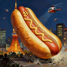movie poster of giant hotdog destroying tokyo at night with helicopters circling overhead in the style of soviet realist paintings