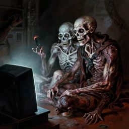 fatally malnourished and brainless undead couple watching demonic tv show, by frank frazetta, jeff easley, realistic, dramatic lighting, fantastic reality, 8 k resolution