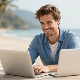 photo of happy man working on laptop at beach, perfect face, fine details, 4 k, bokeh