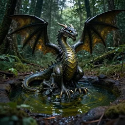 dragon out of a pool of oil, photograph taken in a dark forest