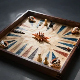 backgammon board with pieces made from various types of seafood
