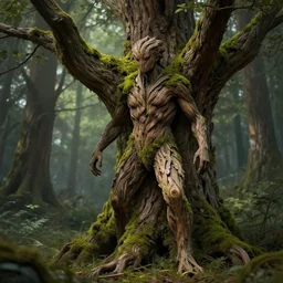 dryad tree person made entirely of wood, bark, and moss emerging from a tree. d & d fantasy art, digital painting, magical forest, 8 k resolution.