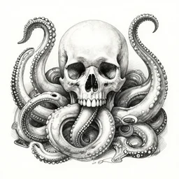 a Skull encurcled by tentacles, ink on paper, crosshatch shading