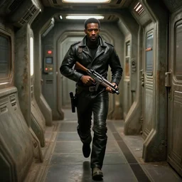 hyper - realistic grungy spaceship interior corridor, hyper - detail, an attractive athletic black man wearing a black leather jumpsuit, running, holds a blaster, futuristic space western aesthetic, cinematic composition, cinematic colors, 3 5 mm film, roger deakins style, realistic film, no signature, 8 k