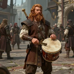 Male Hashka (from D&D)  bearded bard holding a drum, ornately dressed, standing in populated Baldur\'s Gate city square, hyperdetailed, artstation, cgsociety, 8k
