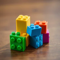 professional photograph of a few blocks of lego candy sitting on a wooden table, 8 k, 8 5 mm f 1. 8