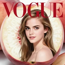 vogue magazine, elle magazine, giant half peach fruit background, anime emma watson ilya kuvshinov, greg rutkowski, john singer sargent, anime, trending on artstation, intricate, peach