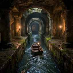 inside the ancient flooded sewers in the old part of the city. fantasy art, adventure, wet, standing water, channel, underground canal, boat with lamp, running water, stream, channel, musty, moss, sewage, dark, underground, abandoned spaces, torch - lit. by piranesi and fred fields