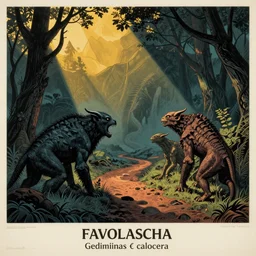 ancient creatures, by gediminas pranckevicius, by james gilleard, poster, dark shadows, woodblock, split - complementary - colors, polished, favolaschia - calocera, on the path to enlightenment