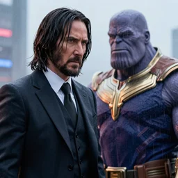 john wick looking at thanos, rainy day, volumetric lighting, sharp focus