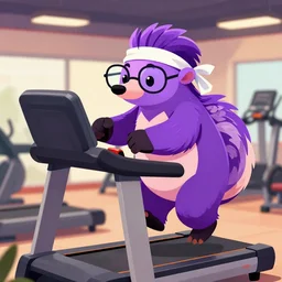 epic professional digital cartoon vector art of a purple anteater with glasses and a sweatband exercising on a treadmill in a gym, best on artstation, cgsociety, wlop, Behance, pixiv, cosmic, epic, stunning, gorgeous, much detail, much wow, masterpiece