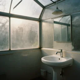 greenhouse bathroom with cinematic lighting shining through the murky windows, highly detailed, post processed, 8k
