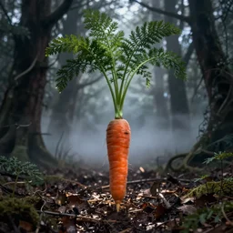 a carrot in the spooky woods at night, fog