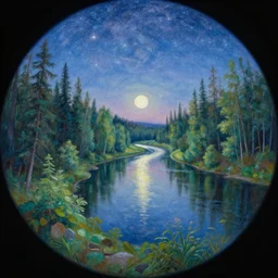 a detailed beautiful pastel painting of a forested river valley under a starry night sky, moon reflecting on water, by Mikko Lagerstedt and Raphael Lacoste, fisheye lens