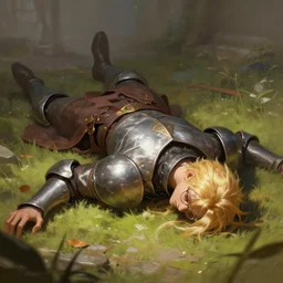 blond knight with glasses falling on the ground, flat on his face, death in battle, fantasy, digital painting, dramatic lighting, vibrant setting, realistic shading, unreal engine 5, concept art, ultra detailed, trending artstation