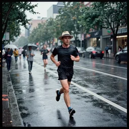 a photograph of a man running down the street wearing a hat on a rainy day on expired kodak film, 3 5 mm