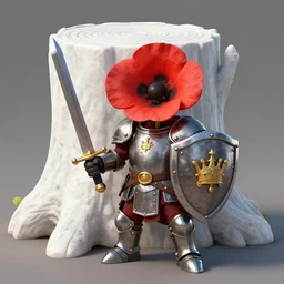 an anthropomorphic poppy flower wears an iron breastplate with a gilded crown crest on it, holding a sword and shield as if she's ready for battle, standing next to a large tree stump that seems to be made out of white marble or stone, digital art