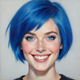 a beautiful painting of a grinning woman with stylish short blue hair and sparkling blue eyes representative of the art style of artgerm and wlop and peter mohrbacher, portrait