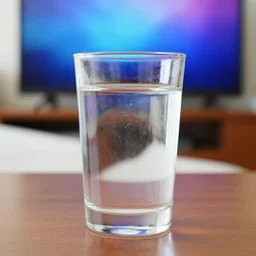 transparent glass filled with water on a table with TV turned on in the background, detailed picture