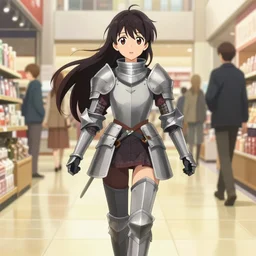 anime visual of a female medieval!!! knight walking in a shopping mall, cute face by ilya kuvshinov, makoto shinkai, kyoani, masakazu katsura, gelbooru, danbooru, dynamic pose, crisp and sharp, yoshinari yoh, rounded eyes, anime poster, cel shaded!!,