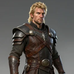 concept art, 50 years old men, blonde, blue eyes, leather armor, high detail, digital art, realistic
