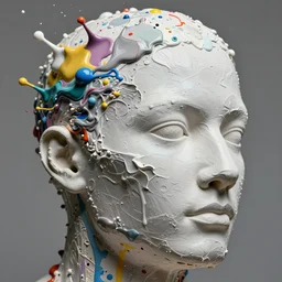 still shot close up footage of a human head made of acrylic pour and splashing paint and dripping paint, thick impasto paint, embossed paint, big flying chunks of paint, motion blur, hyperrealistic, medical, intricate art photography, anatomically correct, realistic crisp textures, 1 6 k