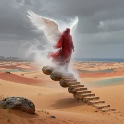 one lone singular swirling otherworldly angelic figure shrouded in red robes and white mist emerges from an extensive colorful dune scape with a stairway of floating boulders, windswept, sand, rocks, sparse vegetation, distant cityscape, grey cloudy skies, distant ocean, contrejour lighting, high contrast, highly detailed, a matte painting by Peter Mohrbacher and Filip Hodas and Jeffrey Smith, OCTANE Engine, 8k HDR