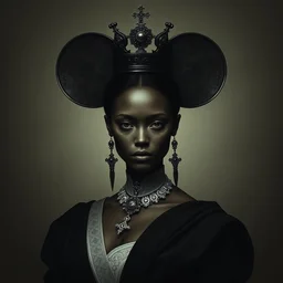 black queen in the shape of mickey mouse, face symmetry, beautiful pose, by tom bagshaw