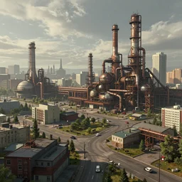 dystopian soviet city in futuristic aesthetics with factories and industrial zones, made by Joe Fenton