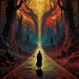the long and perilous lonely road to nowhere, a hero travels alone in an attempt to escape the cursed depths of abyssal Hades, art deco, grimdark vibrant palette, highly detailed realistic fantasy artwork