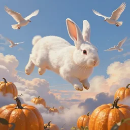a beautiful digital painting of a white rabbit flying in the clouds, birds in the sunlight, numerous golden pumpkins, blue sky at sunset, elegant, highly detailed, artstation, concept art, matte, sharp focus, art by tom bagshaw, kelogsloops and greg rutkowski
