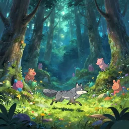 um lobo correndo atras de um porquinho antropomorfico em uma floresta magica cheia de fantasia, amplo, pinheiros, matte painting, ilustracao digital, cores vibrantes, luz suave, aventura, iluminacao atmosferica, 8 k, octane render. por makoto shinkai, stanley artgerm lau, wlop, rossdraws, james jean, andrei riabovitchev, marc simonetti, krenz cushart, sakimichan, d & d trending on artstation
