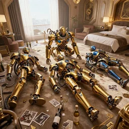 3 shiny golden and blue metallic steampunk humanoid robots with gears and tubes laying in a messed up luxury futuristic hotel room, empty bottles all over the floor, pressphoto, dawn light, insanely detailed, 3 5 mm lens, wide shot
